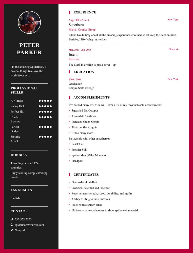 Spiderman Resume My Resume Format Free Resume Builder