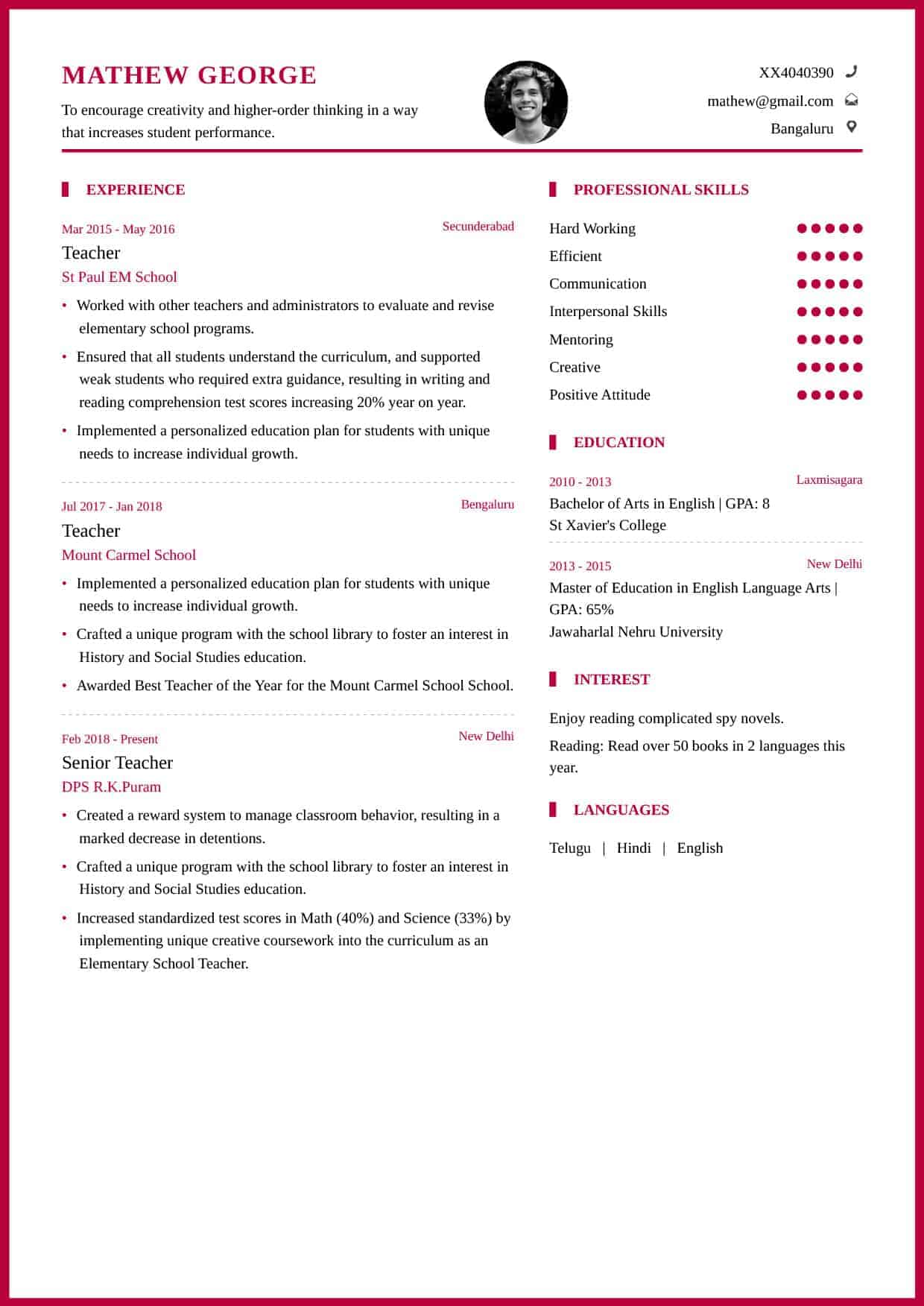 Teacher Resume Format and Resume Example for School Teachers - My Resume Format - Free Resume ...