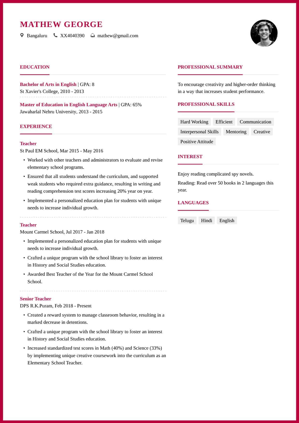 teacher resume format and resume example for school